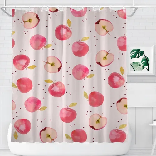 Miniatura 7 de KOMIKU Juego de cortina de ducha estética de frutas con diseño floral de cereza rosa, decoración de baño de frutas de verano, de poliéster, lona