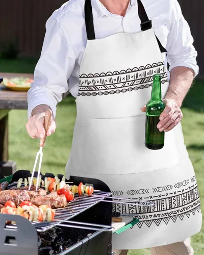 Miniatura 5 de Waterproof Apron with 2 Pockets, Boho Style Black White Geometric Pattern Adjustable Man and Women Kitchen Bib Apron for Baking Cooking Restaurant