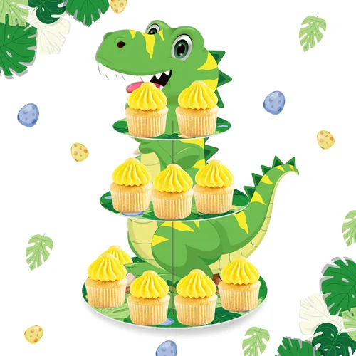 Soporte de 3 niveles para cupcakes de dinosaurio, decoración de fiesta, soporte para cupcakes de dinosaurio de Anberky con forma de dinosaurio,