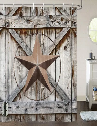 Miniatura 2 de JAWO Western Star - Cortina de ducha de Texas, estrella del oeste de Texas sobre tablero de madera rústica, juego de cortina de ducha con puerta