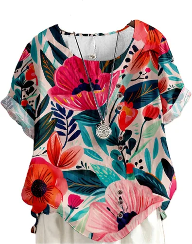Miniatura 17 de domirica Camisetas de verano para mujer 2024 con estampado de flores, algodón, lino, manga corta, cuello redondo, camisas casuales de moda