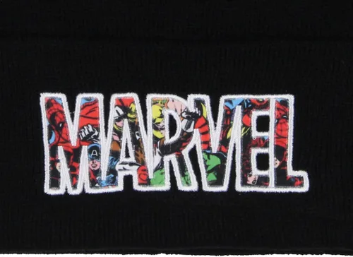 Miniatura 2 de Marvel Comic Logo Beanie Bordado Vintage Diseño Cuff Knit Beanie Hat Cap Negro, Negro