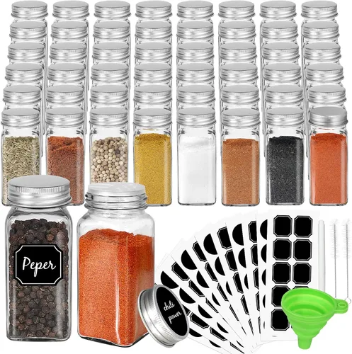 CycleMore Paquete de 48 frascos de vidrio para especias de 4 onzas, recipientes cuadrados para especias con tapas de metal plateado y tapa agitadora
