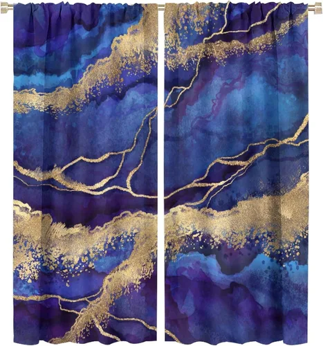 Miniatura 72 de Cortinas abstractas de mármol de lujo de lujo azul marino dorado a rayas con patrón de mármol estampado para dormitorio, sala de estar, cortinas