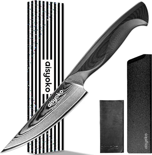 aisyoko Cuchillo de pelar de 4.5 pulgadas, cuchillo de chef de acero Damasco con mango ergonómico G10, acero de alto carbono VG10, cuchillo de