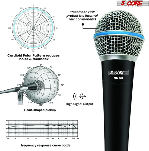 Miniatura 6 de 5 CORE Micrófono cardioide dinámico para canto de karaoke Micrófono profesional con cable XLR para escenario y estudio con imán de neodimio - ND 58