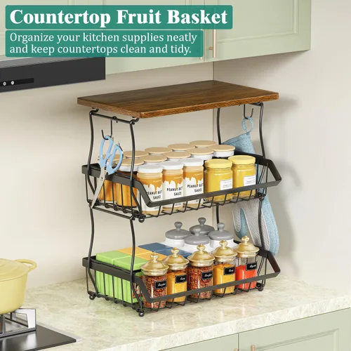 Miniatura 3 de XYZLVSI Cesta de frutas de 3 niveles con parte superior de madera para cocina, cesta apilable de alambre de almacenamiento de cebolla y papas