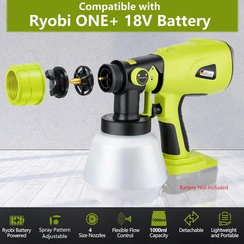 Miniatura 2 de Pulverizador de pintura inalámbrico compatible con batería Ryobi One de 18V, capacidad de 1000ml, pistola de pintura en aerosol HVLP, 3 patrones y 4
