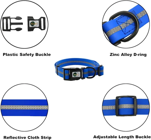 Miniatura 4 de NIMBLE Collar de perro impermeable para mascotas, antiolor, duradero, ajustable, de PVC y poliéster, suave con franja de tela reflectante, collares