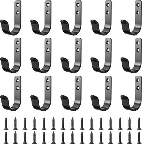 Miniatura 11 de Ganchos de pared de metal resistentes para abrigos, paquete de 10 ganchos negros montados en la pared con 20 tornillos, ganchos dobles para abrigo