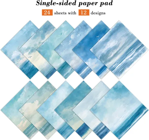 Miniatura 2 de Bloc de Papel para Scrapbooking Blue Sea - 24 Hojas de 6 Pulgadas con Patrones Estéticos Decorativos para Collage Decoupage Envoltorio Suministros