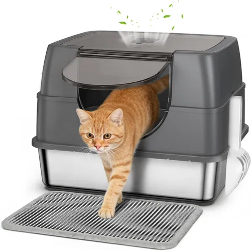 Caja de arena de acero inoxidable con tapa, caja de arena grande cerrada para gatos y gatos múltiples, tapa abatible fácil de limpiar, bandeja de