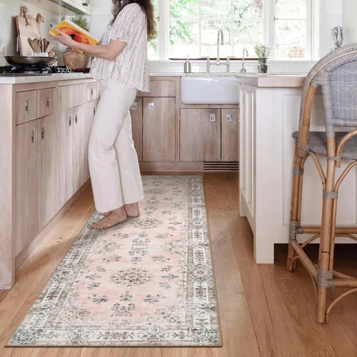 Miniatura 7 de Lahome Alfombra de pasillo rosa de 2 pies 6 pulgadas x 8 pies para pasillo, alfombra europea con estampado floral vintage lavable para cocina, baño
