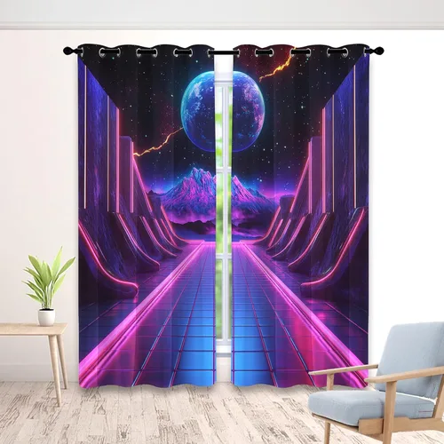 Miniatura 8 de Synthwave - Cortinas opacas para ventanas de cocina, cortinas de neón Cyberpunk City para decoración de dormitorio, sala de estar, cortinas retro