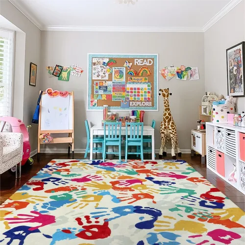 Miniatura 9 de STARUIA Alfombra colorida para sala de juegos de 8 x 10 pulgadas, alfombra grande de huellas de manos y huellas, alfombra antideslizante y lavable