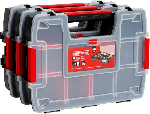 CRAFTSMAN Organizador de almacenamiento, organizador de piezas pequeñas, 3 paquetes con 10 compartimentos, tapa incluye pestillo seguro (CMST60964M)