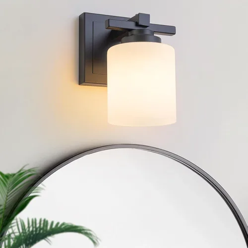 Miniatura 16 de 1 Luminaria Moderna de Baño sobre Espejo, Luces de Tocador Negro Dorado para Apliques de Pared de Baño con Pantallas de Vidrio Blanco Lechoso