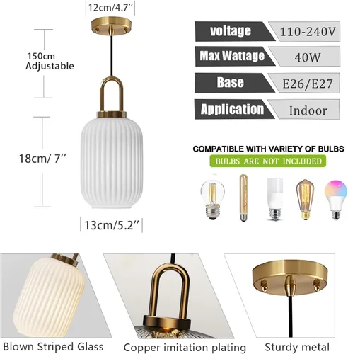 Miniatura 2 de Brikey Lámpara colgante de vidrio blanco con base dorada de latón, lámpara colgante de techo blanca para mesita de noche, mesa de comedor, isla