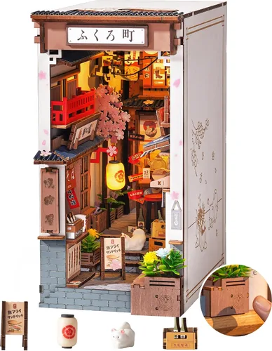 ROBOTIME Kit de Rincón de Libros Kit de Casa en Miniatura DIY para Adultos Rompecabezas de Madera 3D Sujetalibros Estantería Diorama Inserto Casa de