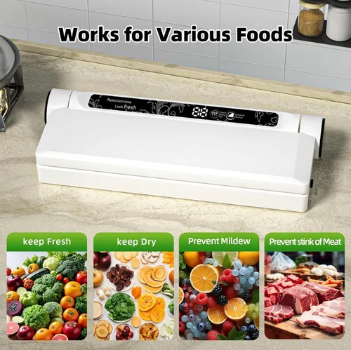 Miniatura 4 de Máquina selladora al vacío, succión fuerte de 75 KPA, 20 bolsas de sellado al vacío para alimentos, temporizador digital de cuenta regresiva