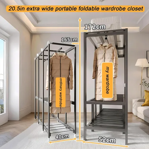 Miniatura 5 de Armario portátil plegable de 59.1 pulgadas para colgar ropa, perchero resistente con cubierta, percheros plegables de metal independientes, armario