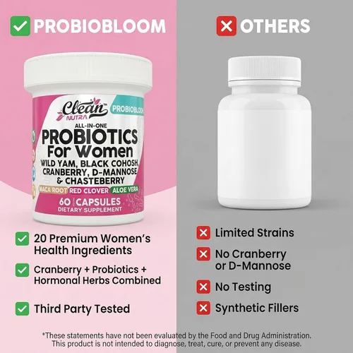 Miniatura 7 de Clean Nutraceuticals Probióticos para mujeres con D manosa, extracto de arándano, ñame silvestre, chasteberry – 20 cepas probióticas y prebióticas