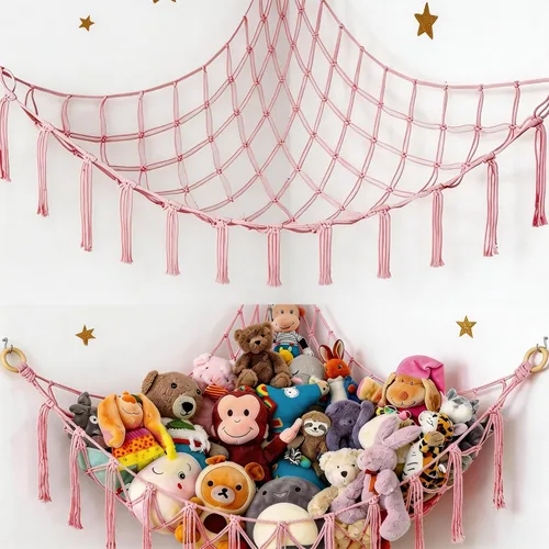 Hamaca de almacenamiento de animales de peluche colgante rosa, organizador de red grande para cosas de animales, lindos muebles, organización de