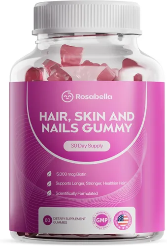 Rosabella Gomitas para el crecimiento del cabello para mujeres y hombres – Gomitas veganas para el cabello con 5000 mcg de biotina – Vitaminas para