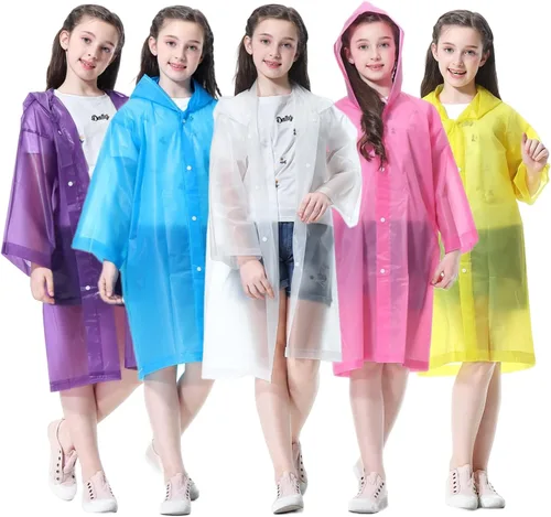 Poncho de lluvia para niños Impermeable, Paquete de 2-5 Abrigos de lluvia reutilizables de EVA para niños y niñas de 6-14 años, Equipo de chaquetas