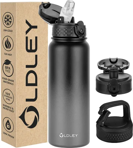 Miniatura 13 de Oldley Botella de Agua Aislada con Pajilla de 20oz, Botellas de Agua de Acero Inoxidable con 3 Tapas, Aislamiento al Vacío de Doble Pared Térmica