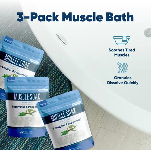 Miniatura 6 de Muscle Bath Salt (paquete de 3 con cuchara) para baño muscular con aceites esenciales puros en bolsa sin BPA con sello de cierre a presión