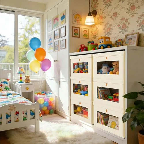 Miniatura 4 de DIMJ Contenedores de Almacenamiento con Tapas - Paquete de 4 Organizadores Grandes de Tela para Armario con Ventana y Asas, Cajas de Almacenamiento