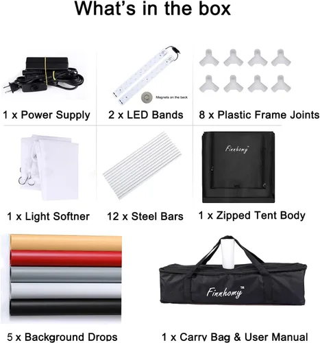 Miniatura 6 de Finnhomy Kit de iluminación profesional portátil para estudio fotográfico, luz fotográfica, tienda de campaña fotográfica, caja de iluminación, cubo