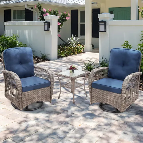 Miniatura 8 de Joyside Juego de 2 sillas giratorias para patio al aire libre y mesa auxiliar a juego, juego de 3 piezas de mimbre para patio con cojines de tela