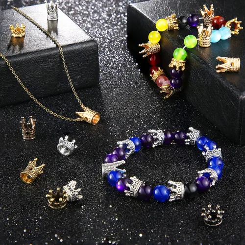 Miniatura 5 de Hicarer 120 dijes de corona King para hacer pulseras de joyería, cuentas de corona de oro y plata, cuentas espaciadoras de agujeros grandes a