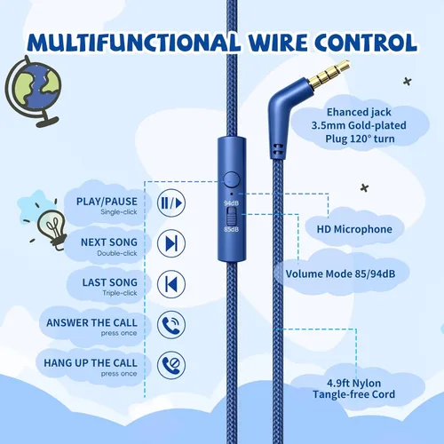 Miniatura 6 de Auriculares para niños con cable para la escuela, límite de volumen de 85/94 dB, auriculares con cable sobre la oreja para niños y niñas con Azul