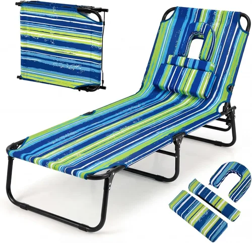 Miniatura 10 de Giantex Silla bronceadora, silla de patio ajustable con orificio para la cara, almohadas extraíbles, correa de transporte, silla de diseño, silla