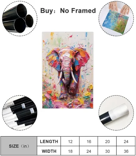 Miniatura 2 de Fyzuf Arte de pared de elefante - Pintura al óleo sobre lienzo, estilo cubismo, elefante colorido, estético, 12 x 18 pulgadas (11.8 x 17.7 in), sin