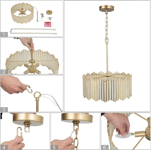 Miniatura 8 de Durent Lighting Candelabro de tambor dorado de 4 luces moderno con pantalla de vidrio crema, lámpara colgante de techo redonda de 16 pulgadas