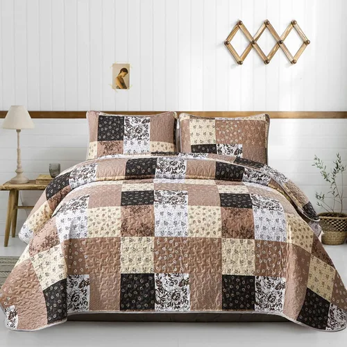 Miniatura 22 de Mybedsoul Juego de edredón bohemio beige tamaño individual, juego de colcha floral a cuadros de 3 piezas, juego de ropa de cama reversible