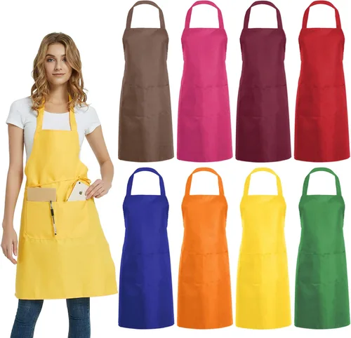 DUSKCOVE - Paquete de 8 delantales de babero simples, delantal comercial de color mixto con 2 bolsillos para cocina, restaurante, barbacoa, pintura,