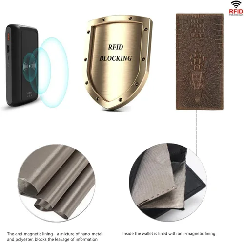 Miniatura 4 de Cartera larga para hombre, doble pliegue, piel de vaca de grano superior, estampado de cocodrilo, múltiples ranuras para tarjetas., Marrón, Vogue
