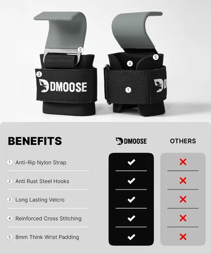 Miniatura 6 de DMoose Fitness Ganchos de levantamiento de pesas (par) para peso muerto, dominadas, remo y encogimientos de hombros – Correa de nailon Gris