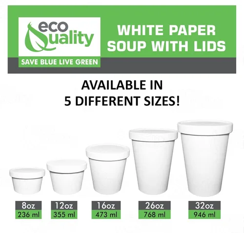 Miniatura 2 de EcoQuality Recipientes desechables de papel blanco para sopa de 32 onzas con tapas, paquete de 100