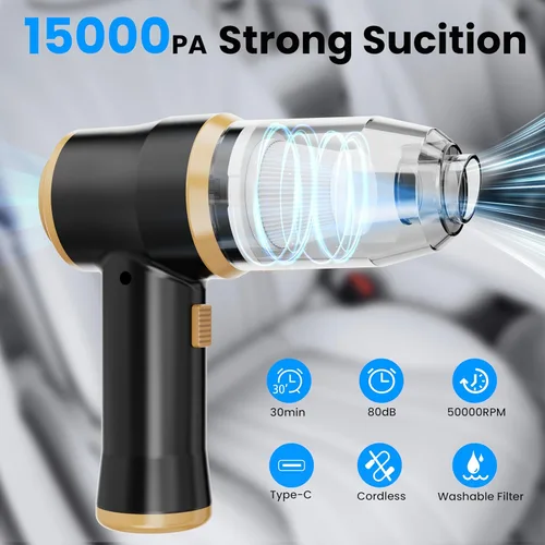 Miniatura 2 de Mini aspiradora de coche de 15000 Pa Aspiradora portátil inalámbrica de mano y plumero de aire con 2 filtros para automóvil, sofá, oficina, mascota