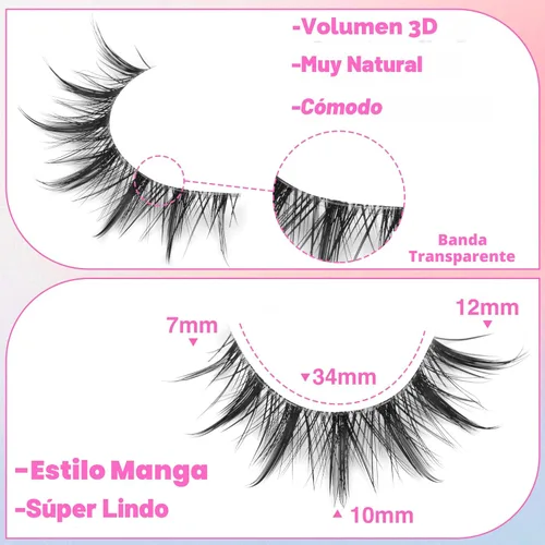 Miniatura 2 de Pestañas Manga de Aspecto Natural Pestañas de Anime Cosplay Pestañas Postizas con Banda Transparente Pestañas Voluminosas 3D Estilo Asiático Japonés