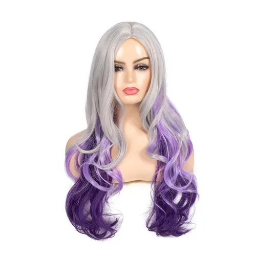 Miniatura 2 de Peluca larga y rizada ondulada gris plateado a morado con parte lateral de aspecto natural sintético Cosplay peluca para mujeres Astilla a Púrpura