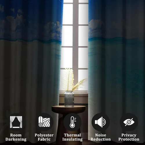 Miniatura 3 de Renaiss Cortinas opacas con diseño de mar tropical, nublado, cielo azul y verde azulado, estrella de mar transparente en playa arenosa, sala