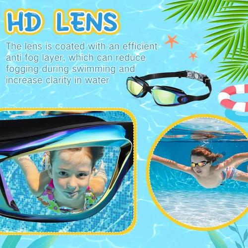 Miniatura 5 de Flutesan Paquete de 3 gafas de natación sin fugas, de silicona, antivaho con clip para la nariz, tapones para los oídos para adultos y niños, 3