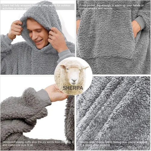 Miniatura 6 de Manta Sherpa con capucha de gran tamaño, sudadera con capucha y manga larga y bolsillo, color gris